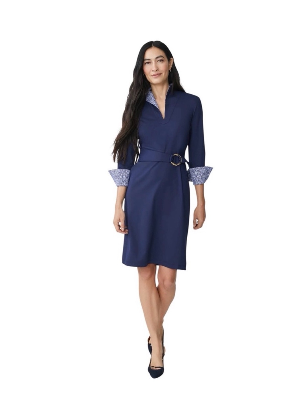 J. McLaughlin Daniele Catalina Cloth Collar Cuff Sleeve Belted Dress Blue Size S